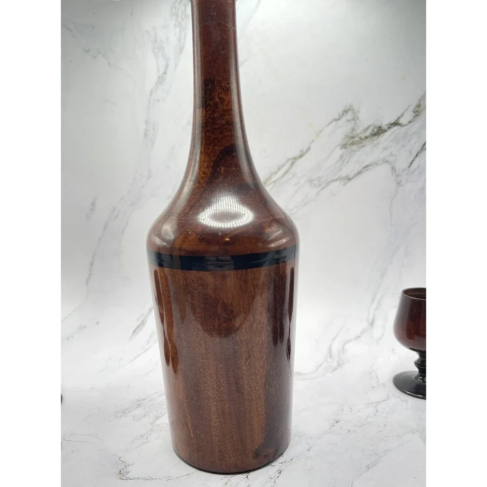 Vtg Wood Turned Saki Decanter‎ Set With 6 Goblet Shot Cups Tray Home Decor MCM